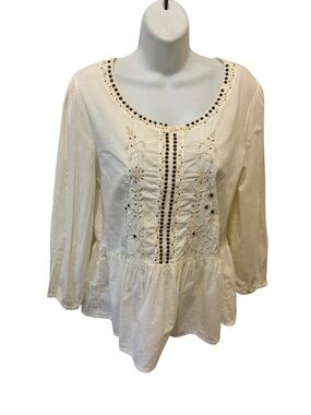 VTG Sweet Magnolia Embroidered Boho Top Peplum Sz S Beaded Long Sleeve Cream